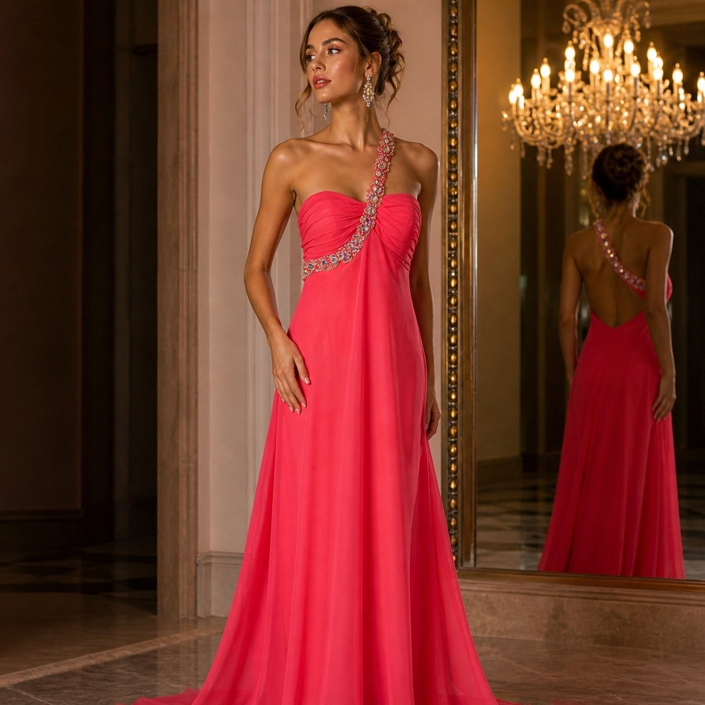 Vintage Y2K‎ Chiffon One Shoulder Dress Sz 3/4 Coral Beaded Maxi Y2K Prom Formal